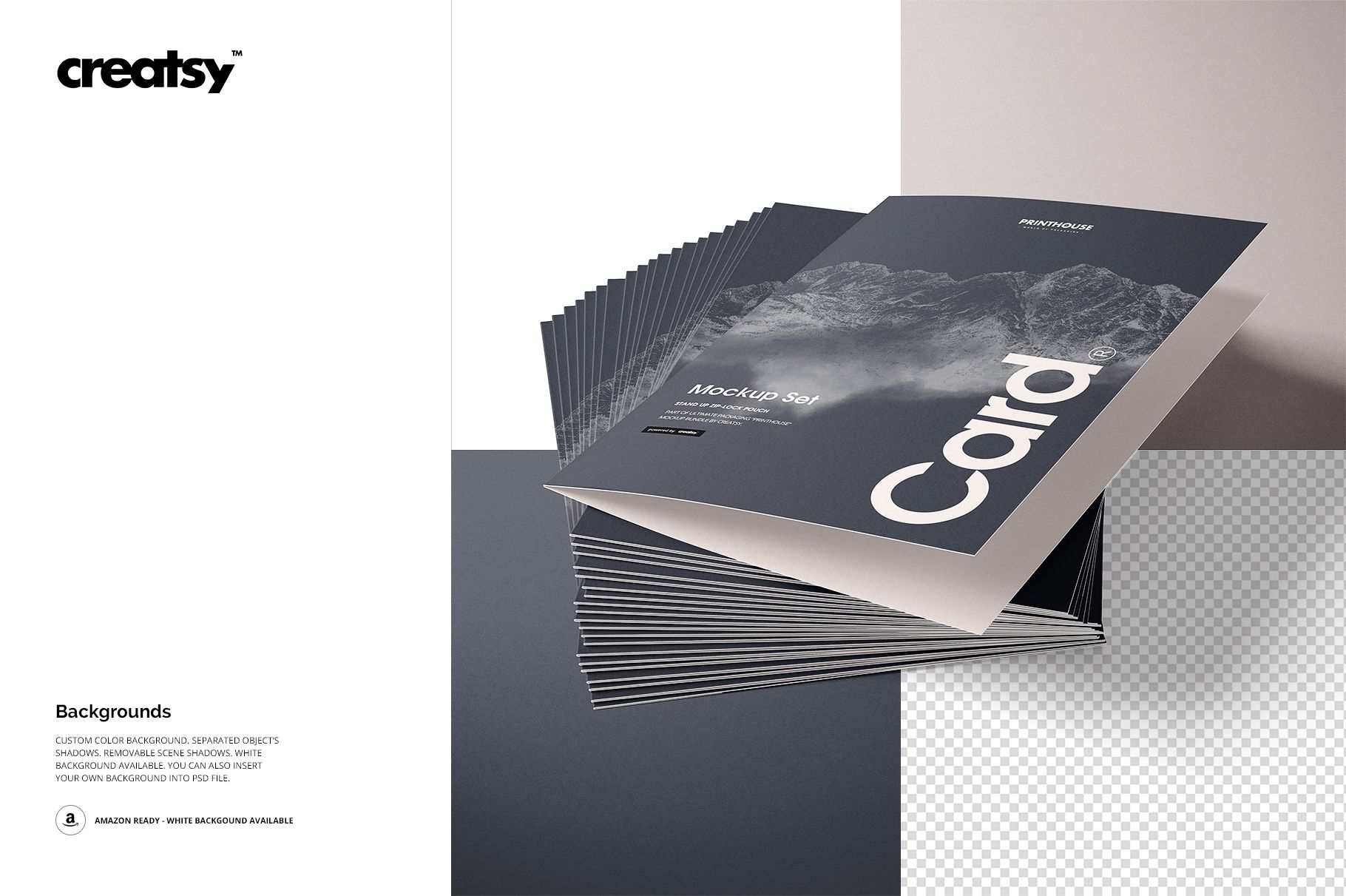 Folded A4 cards mockup set displayed in a neat stack, featuring dark covers with mountain imagery, front view.