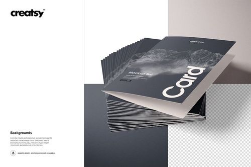 Folded A4 cards mockup set displayed in a neat stack, featuring dark covers with mountain imagery, front view.