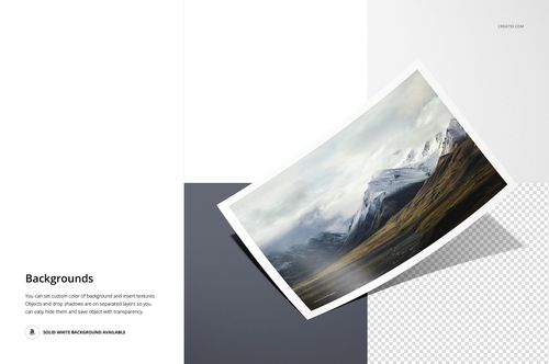 Angled view of a glossy photo print mockup featuring a landscape image with mountains and cloudy sky on a white background.