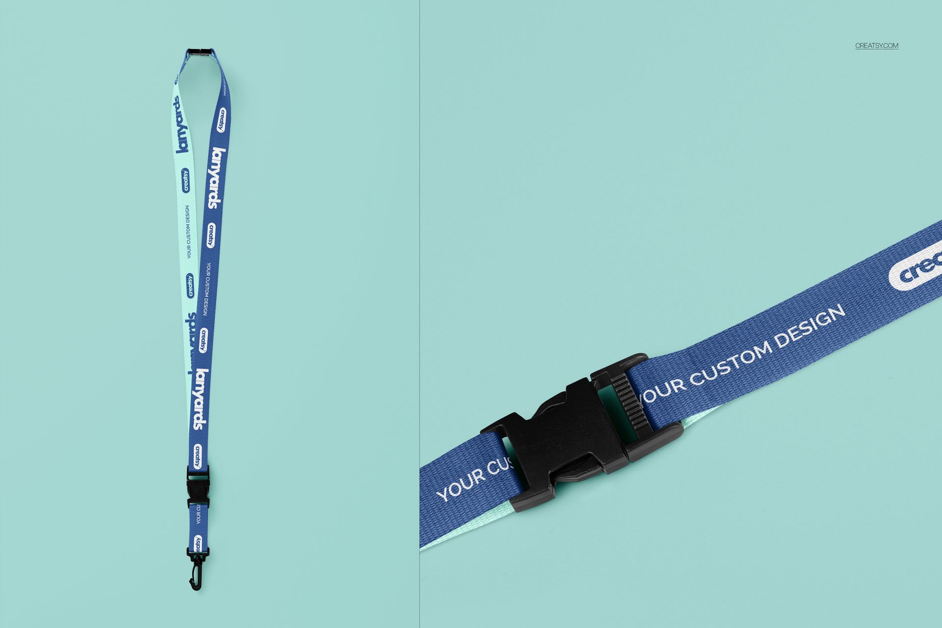 Polyester lanyard mockup set featuring a blue lanyard with black clip on a light turquoise background, front view.