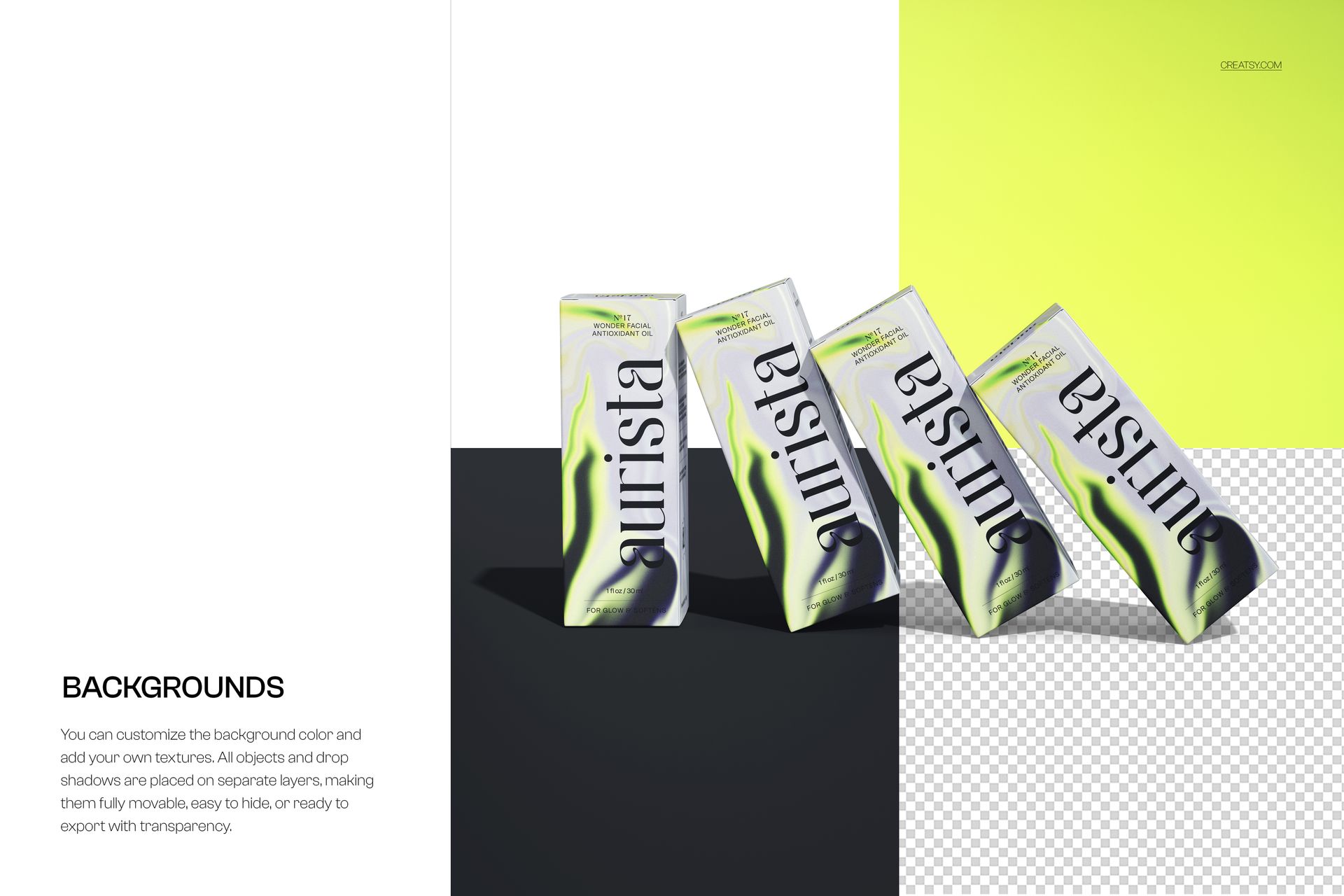 PSD mockup featuring four serum packaging boxes in a diagonal layout, displayed against white, black, and yellow backgrounds.