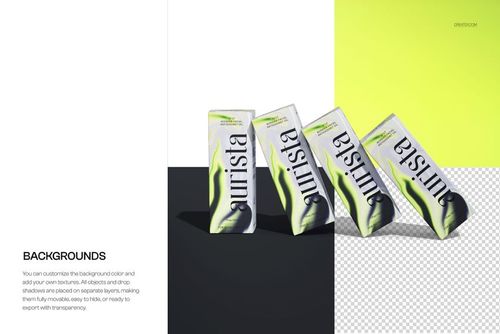 PSD mockup featuring four serum packaging boxes in a diagonal layout, displayed against white, black, and yellow backgrounds.