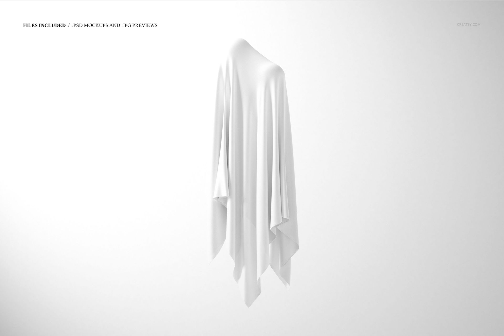 PSD mockup showing flowing white silk cloth covering a ghost shape, isolated on a clean, neutral background.