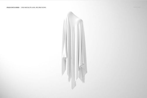 PSD mockup showing flowing white silk cloth covering a ghost shape, isolated on a clean, neutral background.