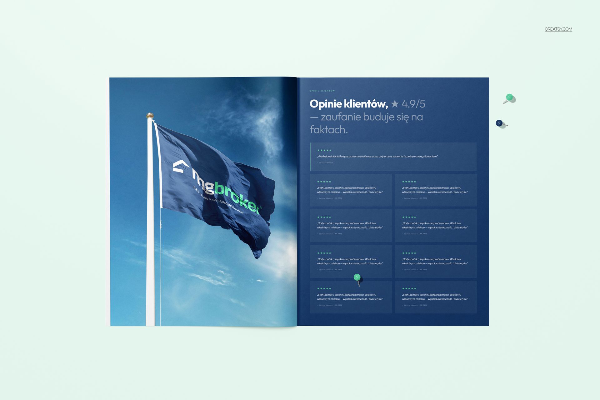 Open company brochure mockup showing a flag photo on the left page and customer reviews on the right page, top view on light background.