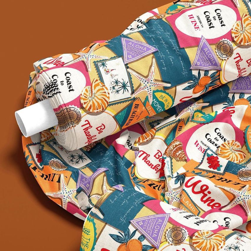 Fabric rolls mockup featuring colorful fabric with tropical-themed patterns, including starfish, palm trees, and various text overlays.