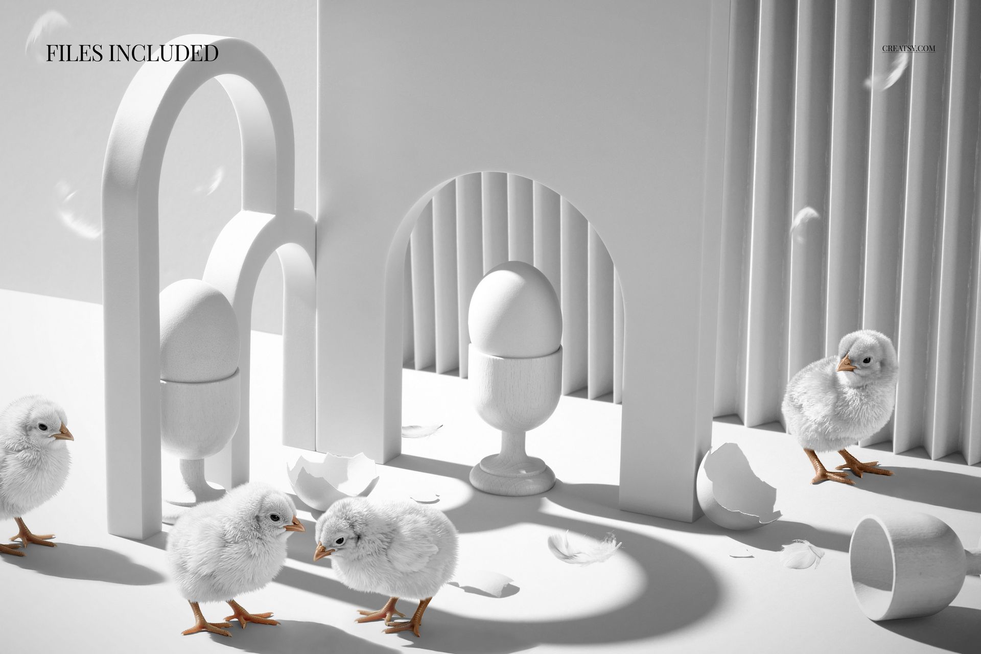 Front view of white Easter eggs in egg holders and fluffy chicks surrounded by broken eggshells in a modern mockup scene.