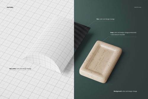 Rectangular hand soap bar with embossed text placed next to a pillow-shaped box mockup, shown in split view.