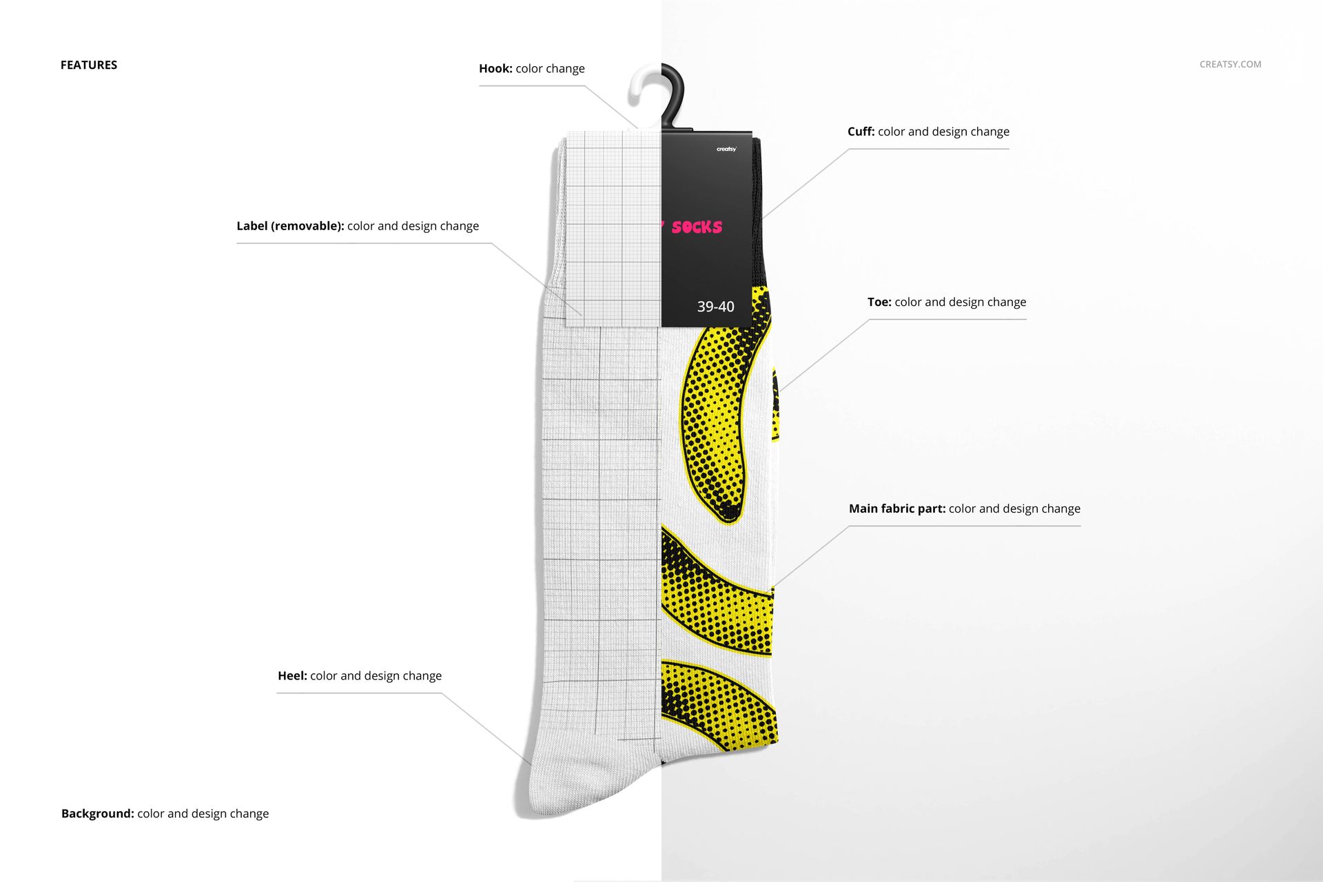 High cuff socks mockup displayed from a side angle, featuring a black label and yellow abstract pattern on white fabric.