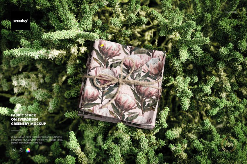 Fabric Stack on Evergreen Greenery Mockup - mockup screenshot 1