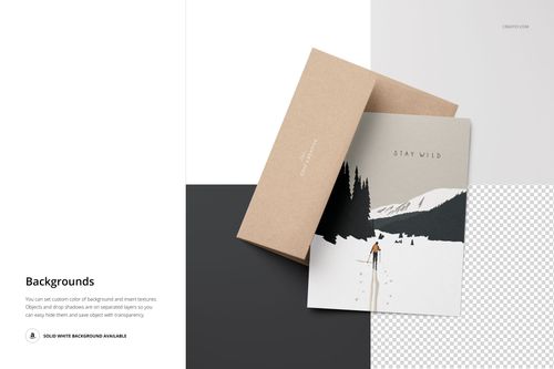 A2 card and matching envelope mockup on a multi-tone background, featuring a winter landscape illustration on the card.
