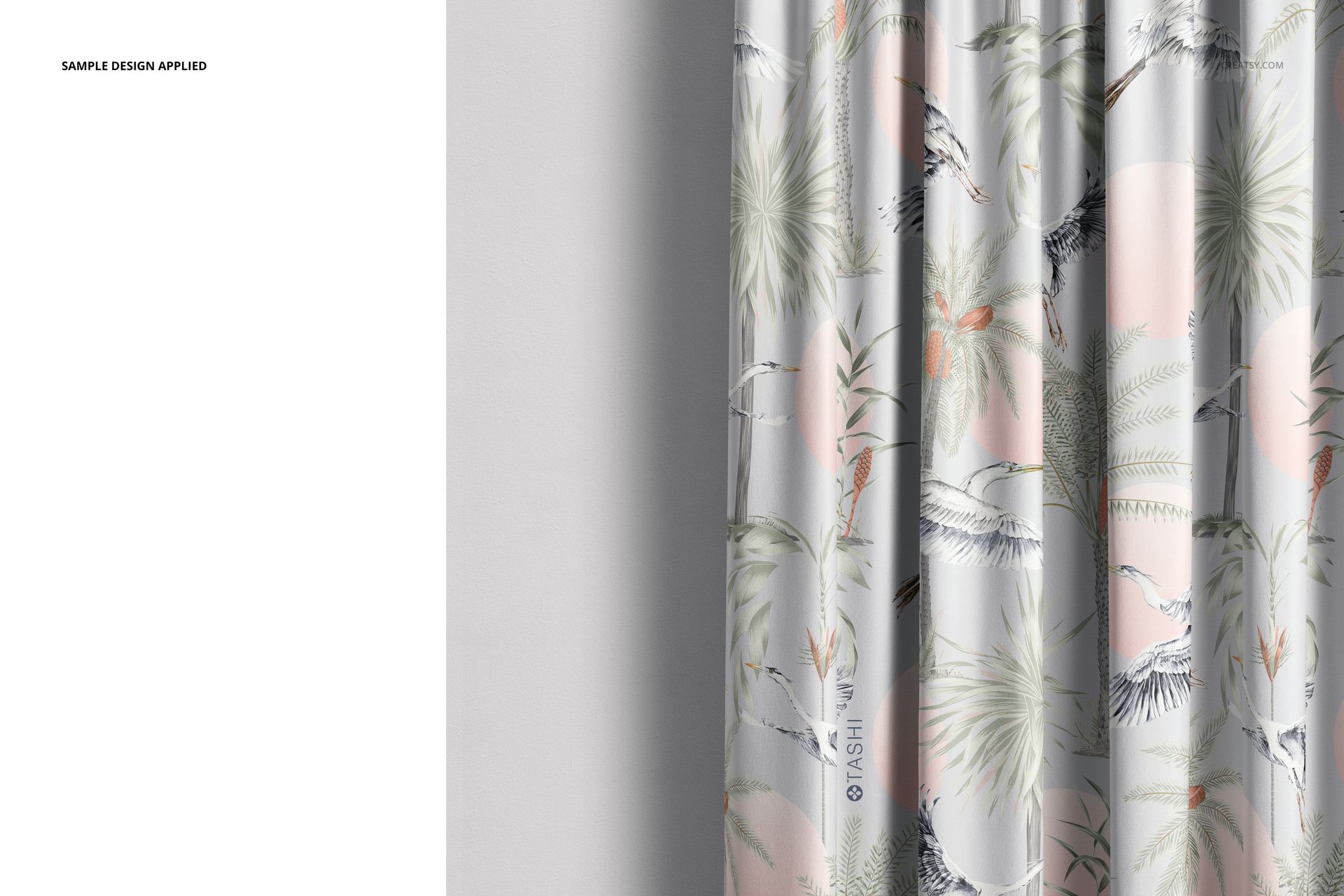 Curtain mockup in a close-up perspective, showing detailed foliage and bird motifs in muted green and pink tones.