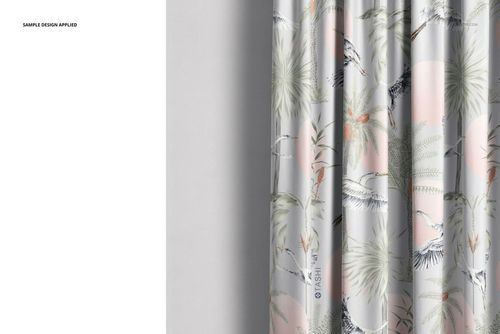 Curtain mockup in a close-up perspective, showing detailed foliage and bird motifs in muted green and pink tones.