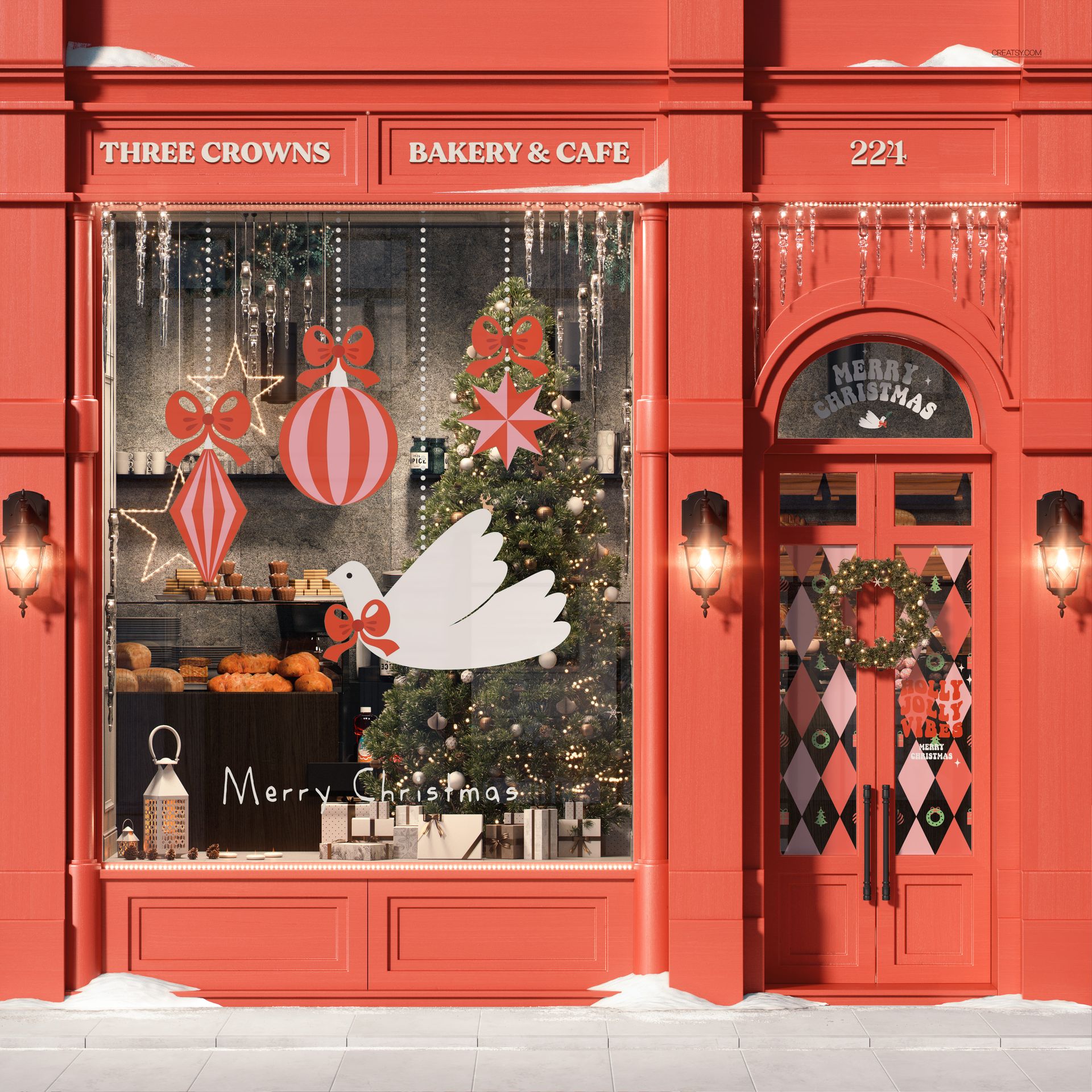 PSD mockup of a bakery facade with Christmas decor, including baubles, a tree, and a Merry Christmas sign on the glass.