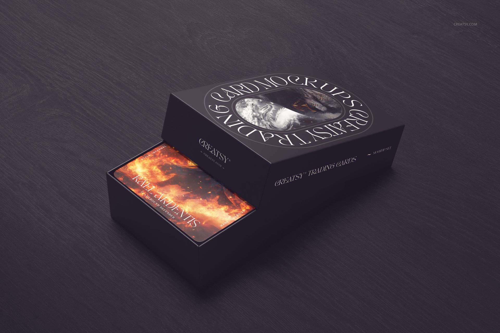 PSD mockup of a trading card box with dramatic artwork, open to display colorful cards against a wood grain background.
