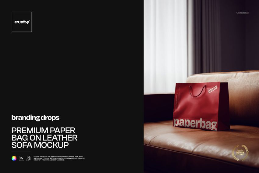 Premium Paper Bag on Leather Sofa Mockup - mockup screenshot 1