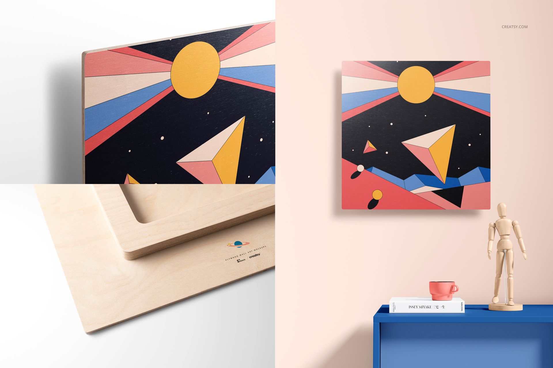 Plywood wall art mockup featuring colorful geometric shapes and a sun motif, displayed on a light pink wall above a blue shelf.