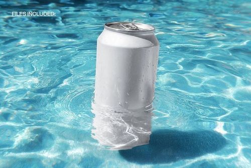 Tilted beverage can mockup floating in bright blue rippled pool water with realistic reflections and droplets.