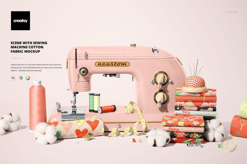 Scene with Sewing Machine Cotton Fabric Mockup - mockup screenshot 1