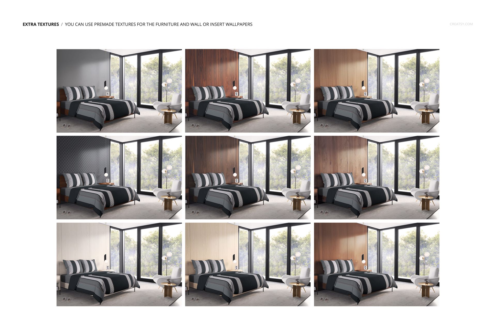 Nine variations of a bedroom mockup with a striped comforter, bedding, and natural light from floor-to-ceiling windows.