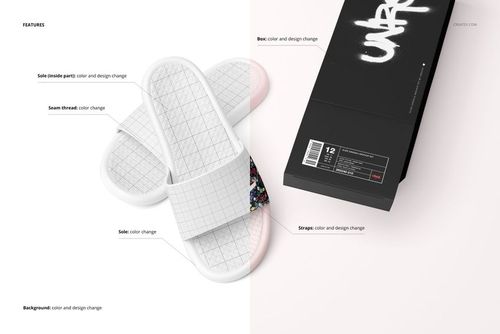 Slide sandals mockup set featuring two white sandals with grid pattern and colorful details, shown from top view beside a black shoebox.