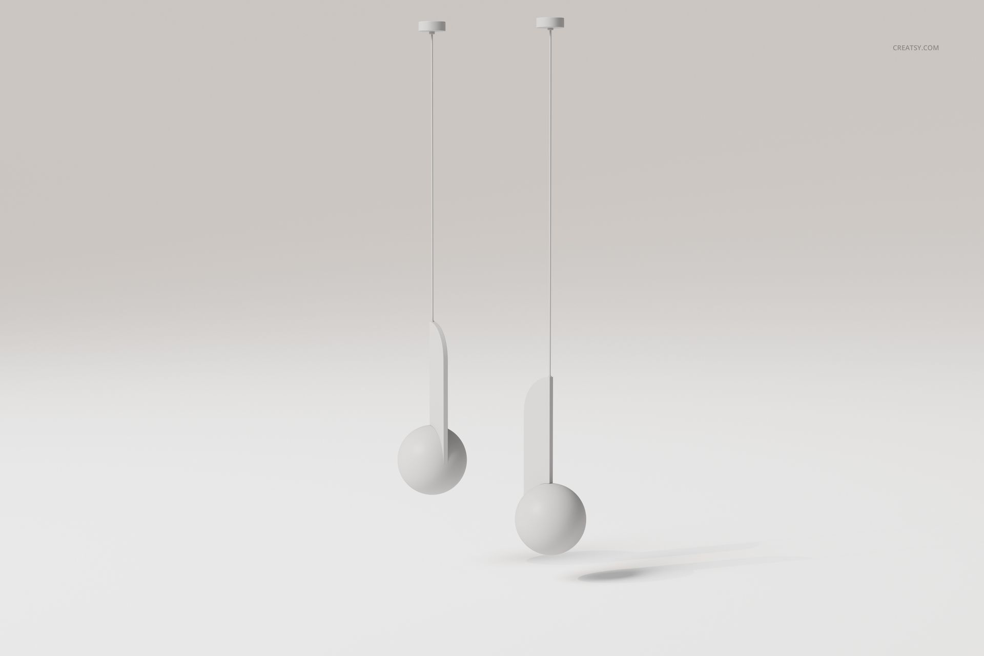 Front view of two modern globe pendant lights with spherical white shades suspended from the ceiling in a minimalist scene.