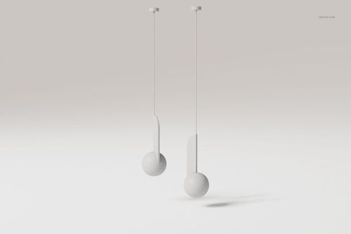 Front view of two modern globe pendant lights with spherical white shades suspended from the ceiling in a minimalist scene.