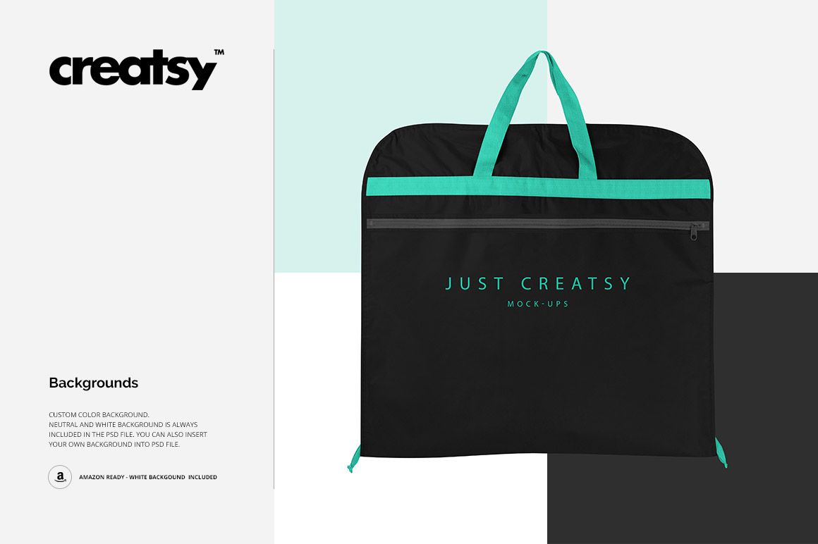 Black suitcover mockup with teal zipper and handles, shown on a split background of white, black, and gray blocks.