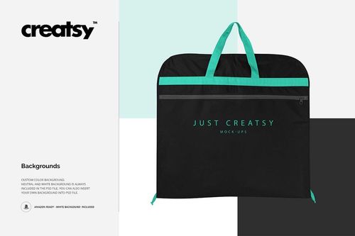 Black suitcover mockup with teal zipper and handles, shown on a split background of white, black, and gray blocks.