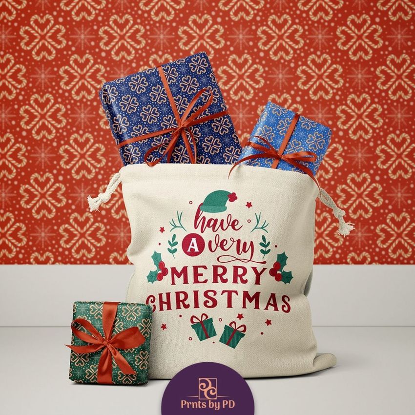 Christmas bag mockup featuring a fabric sack with festive text and graphics, filled with blue and green wrapped presents on a patterned red background.