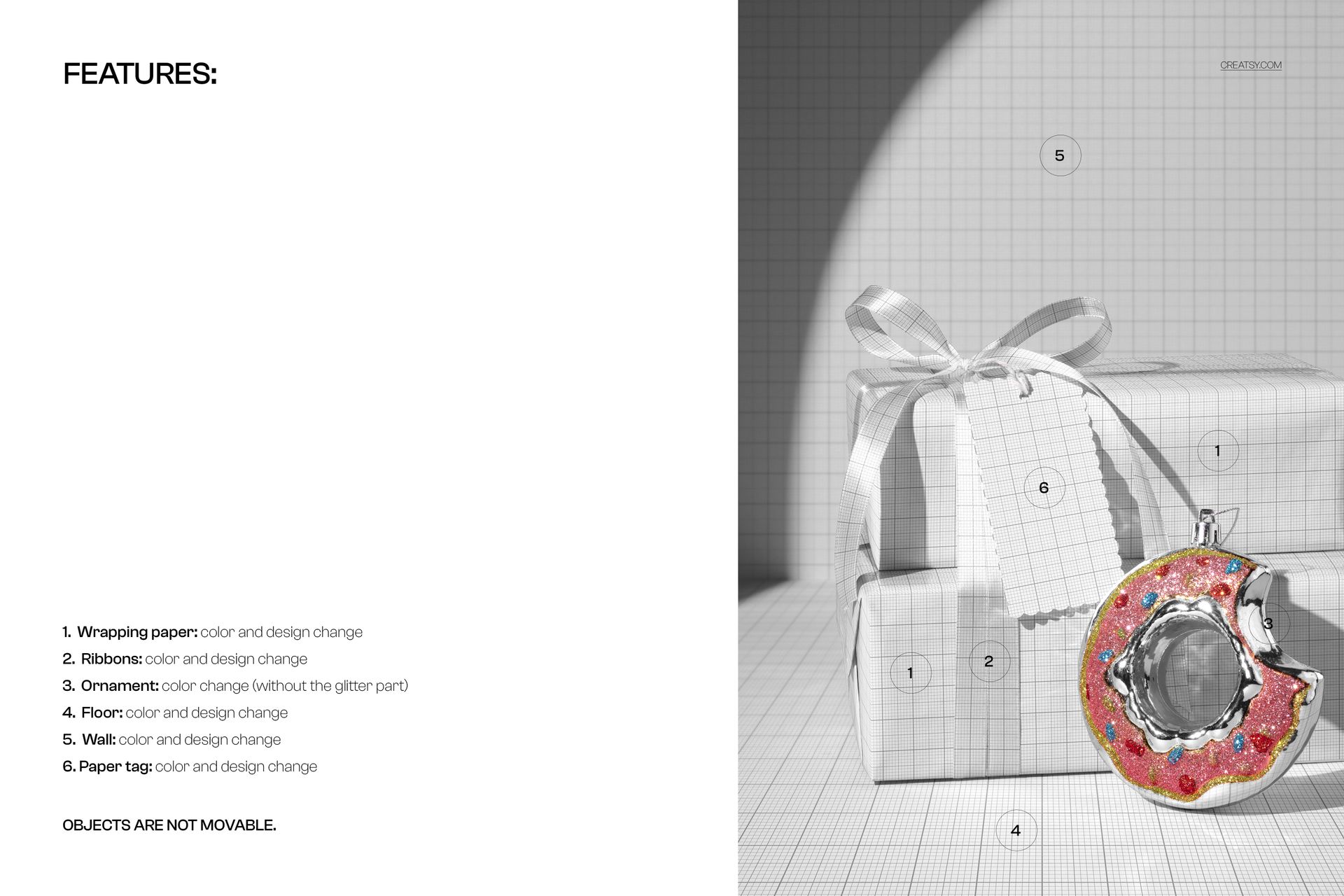 Two stacked gift boxes wrapped in patterned paper with a ribbon bow and a glittered donut ornament in a mockup scene.