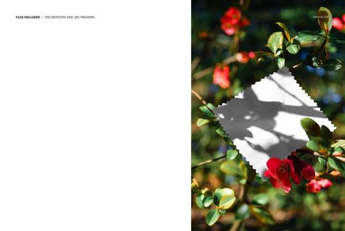 White fabric swatch mockup placed on a leafy branch with vibrant red flowers, shown in natural sunlight.