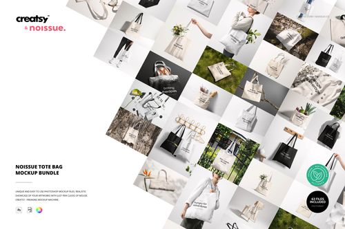 Collage of tote bag mockups in various settings, featuring neutral colors and different backgrounds and props.