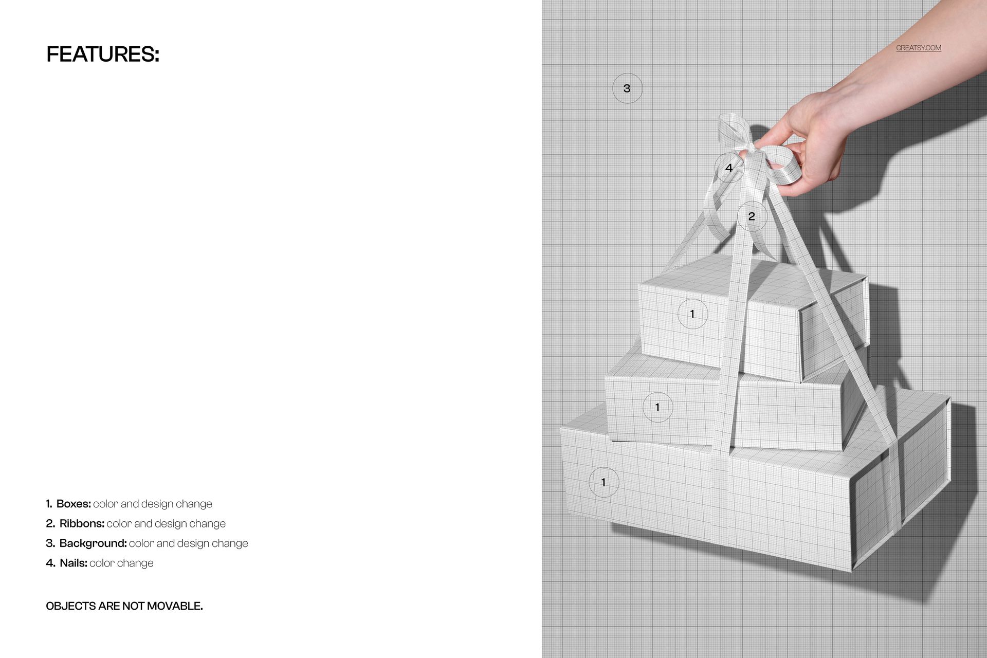 PSD mockup featuring a hand lifting three tiered gift boxes with ribbon, set against a neutral grid pattern background.