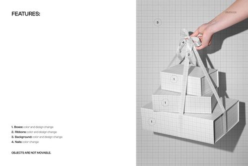 PSD mockup featuring a hand lifting three tiered gift boxes with ribbon, set against a neutral grid pattern background.