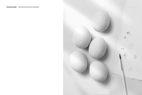 PSD mockup featuring four blank eggs, a paintbrush, and white paint on a minimalist white tabletop scene.