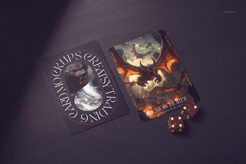 Trading card PSD mockup showing front and back designs, accompanied by a pair of brown dice on a dark background.
