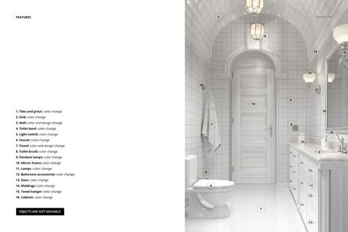 Front view of a vintage style bathroom mockup with white tiled walls, arched ceiling, and classic fixtures.