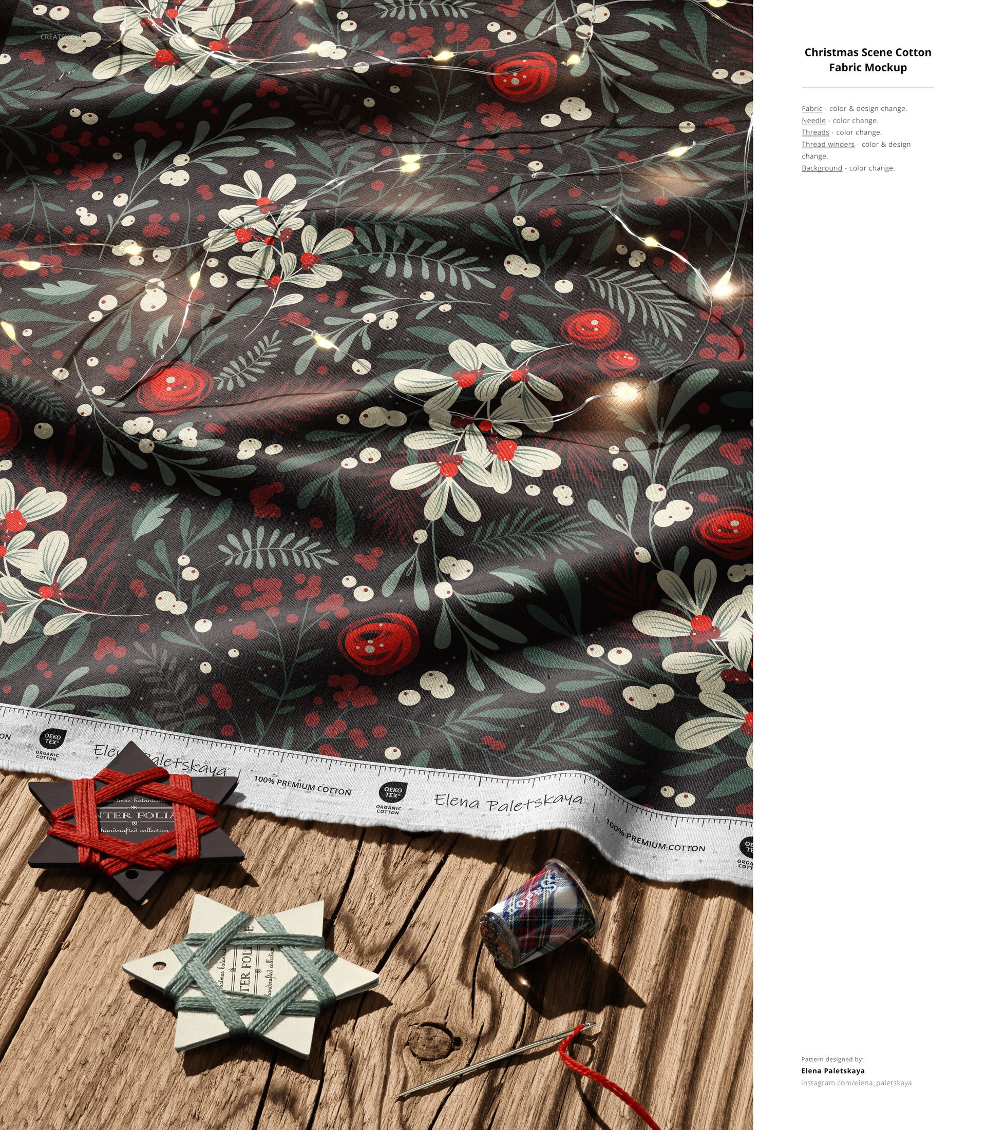Cotton fabric with a festive floral and berry pattern displayed on a wooden surface, shown in a realistic mockup scene.