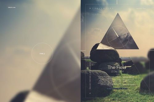 Front view of a nature-themed poster mockup featuring geometric shapes over a landscape with large rocks and grass.