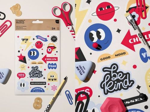 Kiss cut stickers mockup set featuring colorful cartoon designs and positive phrases, shown from a top view.