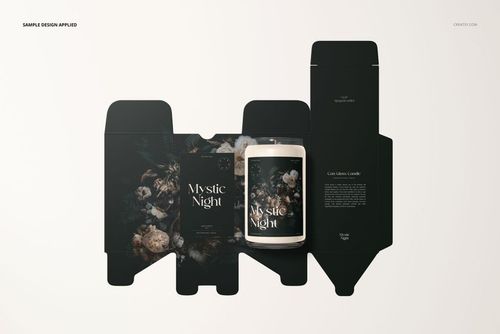 Front view of a can glass candle with floral design, placed on a flat unfolded black packaging mockup set against a light background.