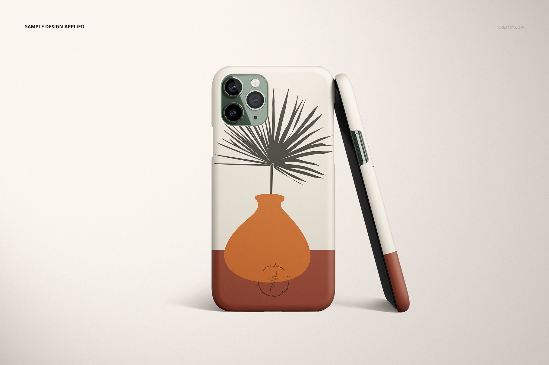 Front and side view of iPhone 11 Pro matte snap case mockup with minimalist vase and palm leaf design on a neutral background.