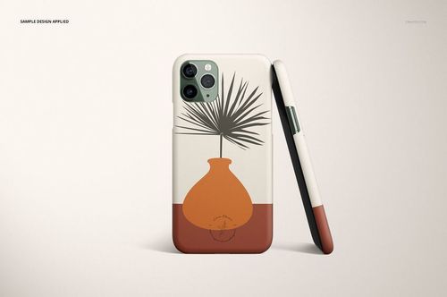 Front and side view of iPhone 11 Pro matte snap case mockup with minimalist vase and palm leaf design on a neutral background.