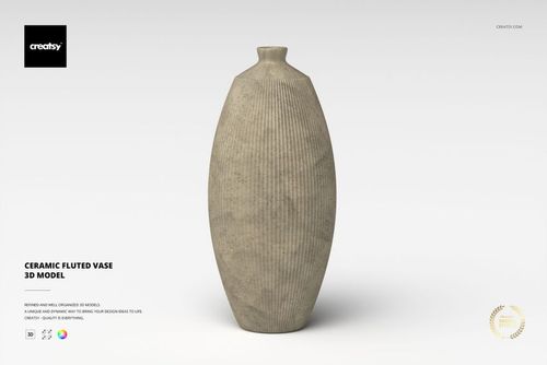 Tall ceramic fluted vase with vertical ridges, shown in a neutral beige color on a plain white background, front view.