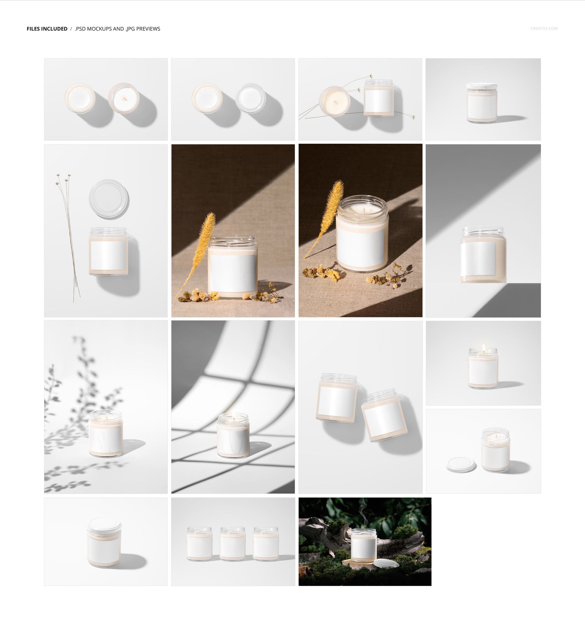 Grid of 9oz scented soy candle mockups in clear jars, shown from top, side, and angled views with natural props.