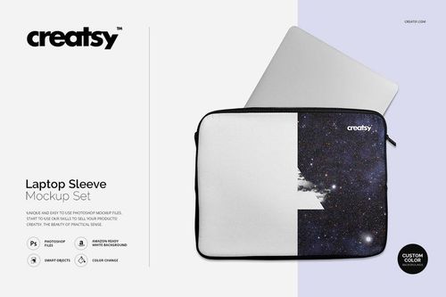 Laptop sleeve mockup featuring a starry night pattern and geometric white section, shown with a laptop inside.