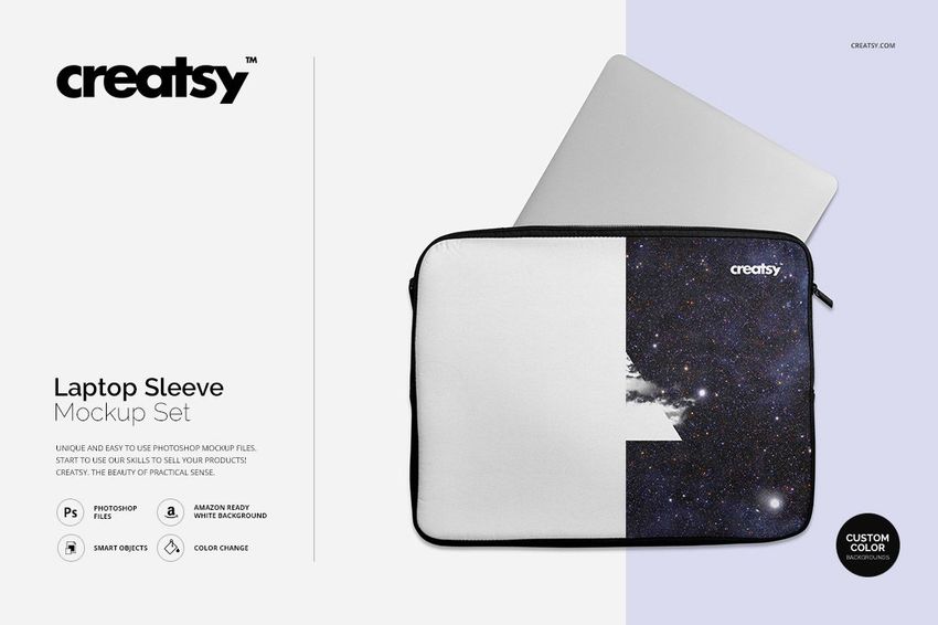 Laptop sleeve mockup featuring a starry night pattern and geometric white section, shown with a laptop inside.