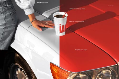 Fast food drink cup with straw placed on the hood of a classic car, shown in a split white and red color mockup.