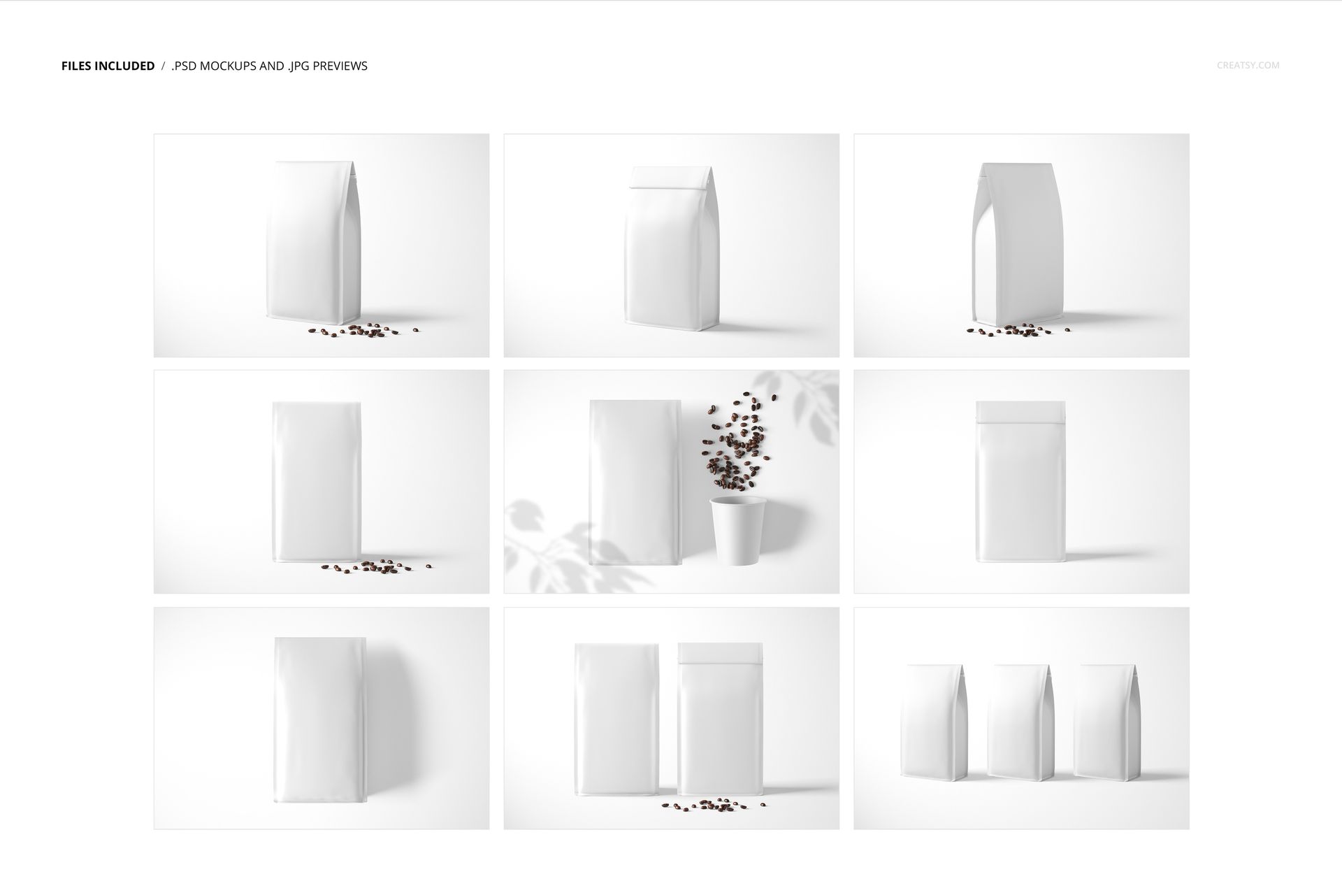 Nine views of a white paper coffee bag mockup set, including front, side, and grouped perspectives on a plain background.